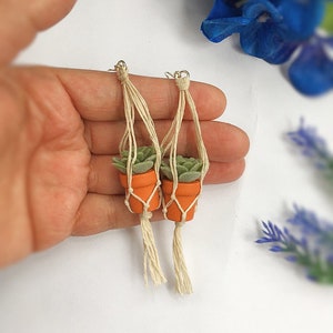 May include: A pair of handmade earrings featuring miniature potted succulents hanging from macrame string.
