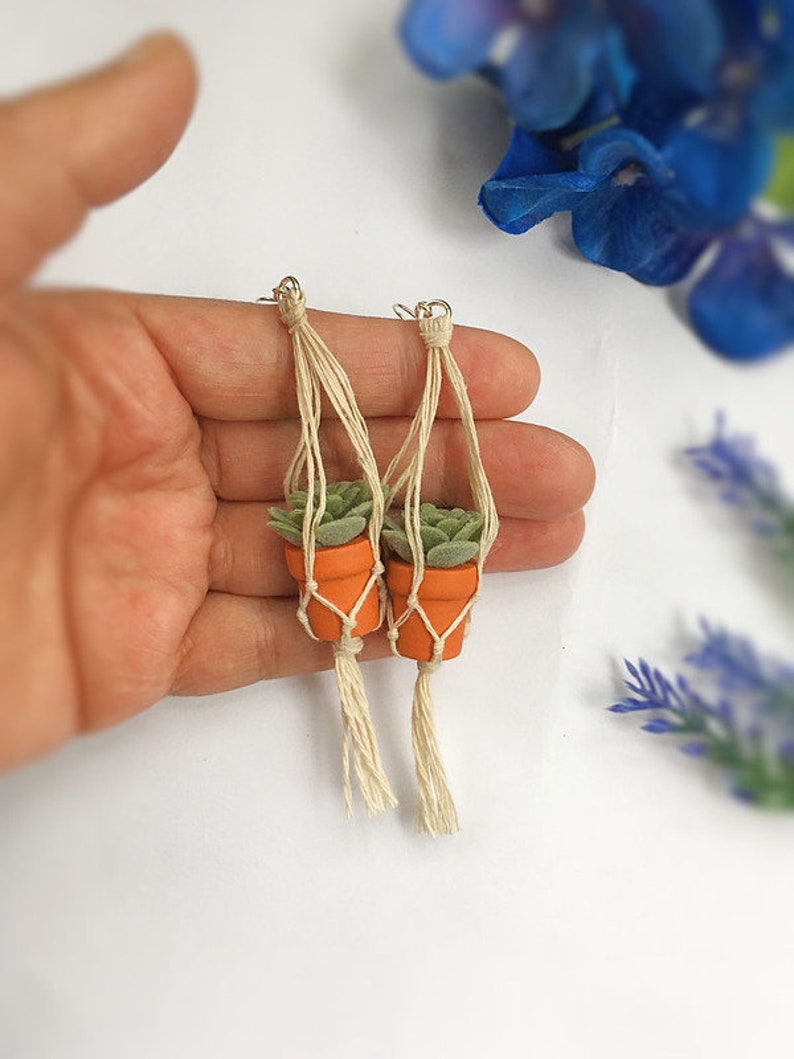 May include: A pair of handmade earrings featuring miniature potted succulents hanging from macrame string.