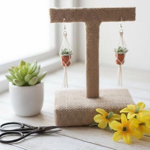 Succulent Plant Mini Macrame Earrings, Hand-Painted Terracotta Pots, Boho Cottagecore Jewelry, Botanical Dainty Earrings, Plant Lover Gift image 2