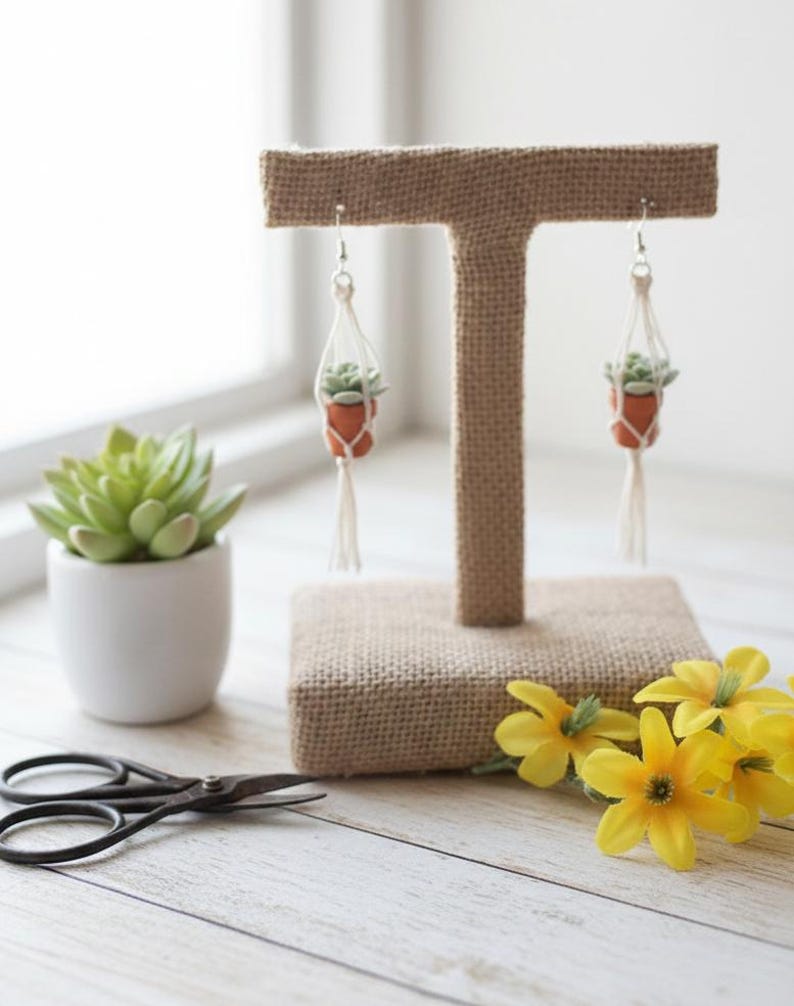 Succulent Plant Mini Macrame Earrings, Hand-Painted Terracotta Pots, Boho Cottagecore Jewelry, Botanical Dainty Earrings, Plant Lover Gift image 2