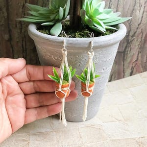 Hanging Plant Earrings, Miniature Macramé Plant, Gift for Mama Plant Lover, Cottage Core lightweight Evergreen