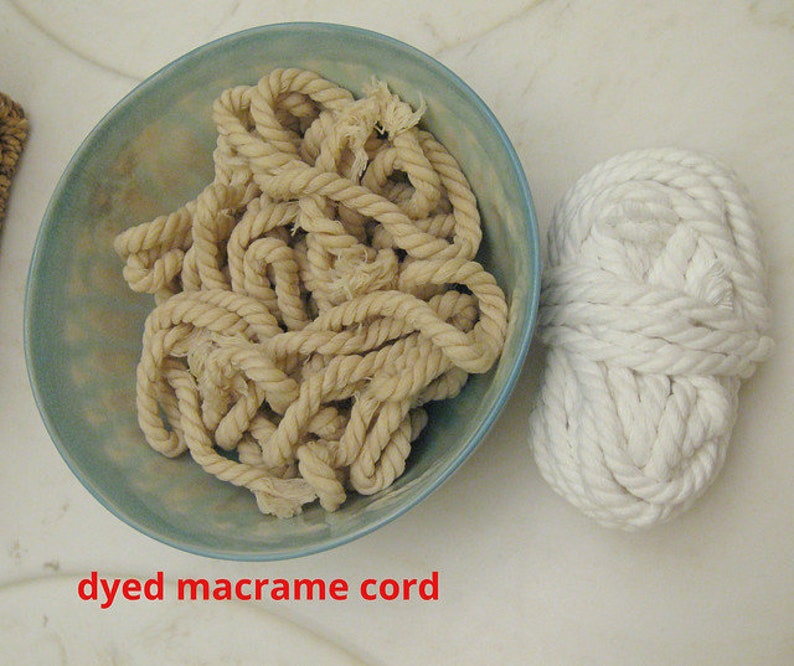 May include: Two balls of macrame cord, one white and one dyed a light brown color. The brown cord is in a blue bowl. "dyed macrame cord" is written below the image.