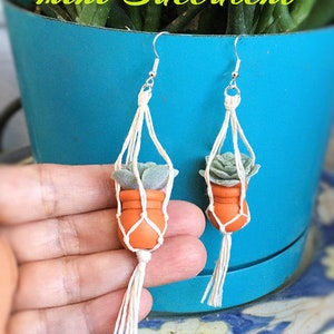 Succulent Hanging Plant earrings miniature Macrame lightweight / GARDENING Lover plants, attractive minimalist accessory, Living green
