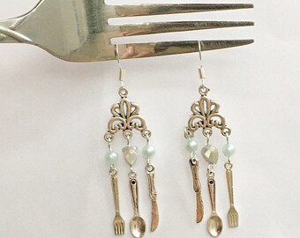 Chandelier Utensils Set Earrings Fork Spoon Knife gift for chefs bakers culinary students, collector miniature silverware, I love cooking