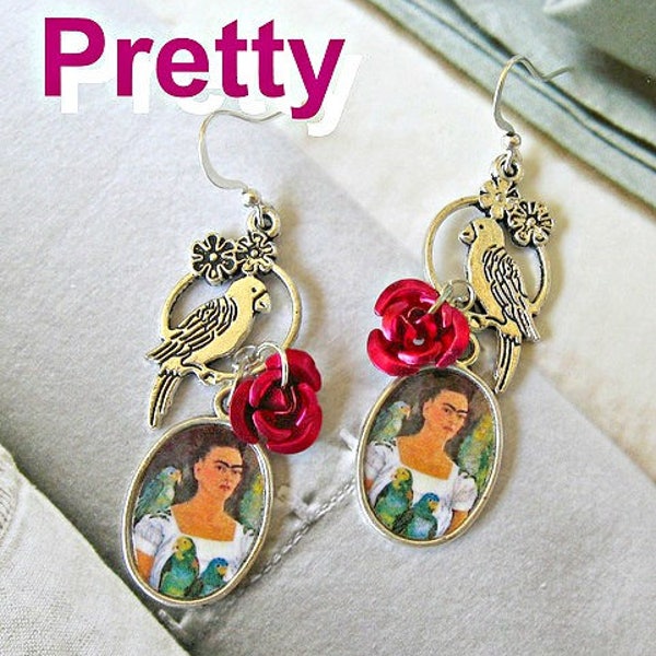 Frida Kahlo earrings  with parrot Day of the dead celebrate Fiesta mexicana November Hispanic latin mexico popular Item OOAK