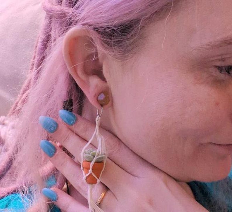Succulent Plant Mini Macrame Earrings, Hand-Painted Terracotta Pots, Boho Cottagecore Jewelry, Botanical Dainty Earrings, Plant Lover Gift image 10