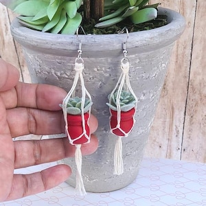 Succulent mini Plant Earrings, Miniature Macrame Pot Earrings, boho, gift for her