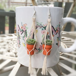 May include: A pair of earrings featuring small potted succulents hanging from macrame plant hangers. The earrings are made with natural twine and have a tassel detail. The succulents are a light green color and are potted in small orange pots.