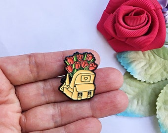 Red Roses Backpack Enamel Pin Brooch Colorful Super CUTE for collector pins, For her plant flowers lover gift