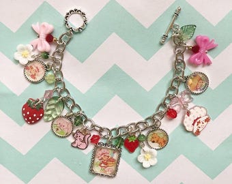 Strawberry Shortcake Inspired Charms Handmade Bracelet, Collector Strawberry Shortcake Kawaii Inspired purse charm women's accessory