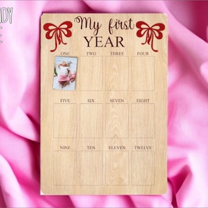 Babyfotobord SVG lasergesneden bestand maandelijks mijlpaalbord met strikken | Beeldweergave van 1-12 maanden | Cadeau pasgeboren baby, foto van 2 x 3 inch