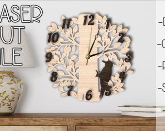 Houten wandklok SVG | Birds on Tree lasergesneden bestand | Glowforge-wandklok | CNC-vectorpatroon | Cricut decoratieve klok DXF
