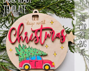 Cuenta regresiva para Navidad SVG - Árbol rojo con coche SVG - Archivos cortados con láser - Días hasta Navidad Svg - Cuenta regresiva para Navidad Svg - Archivos Glowforge