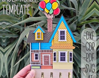Laser Cut Key Holder File, House with Balloons Key Organizer, Decorative Key Hanger Design, 3mm & 4mm Plywood Cutting Template
