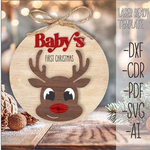Baby&#39;s First Christmas Ornament SVG Laser Cut File, Cute Reindeer Ornament, Custom Name Reindeer Svg, Kids Christmas Svg, Glowforge File cnc