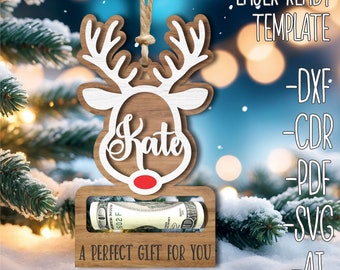 Rentier Geldweihnachtshalter Ornament SVG, Weihnachten SVG Laser geschnitten Datei, Weihnachtsgeldgeschenkhalter Laser geschnitten Datei Digitales Glowforge SVG