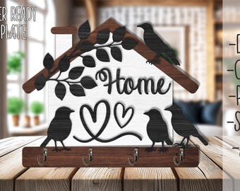 Key Holder SVG Laser Cut File | Bird House Key Rack with &quot;HOME&quot; Text | Family Housewarming Gift | Glowforge Wall Organizer 3mm
