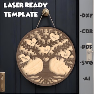 Puede incluir: Un letrero redondo de madera con un árbol genealógico, con hojas cortadas con láser y etiquetas con nombres en forma de corazón. Incluye los nombres Sam, Emma, Jack, Kate, Mason y K-D. El texto "LASER READY TEMPLATE" está en la parte superior.