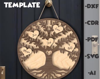 Árbol genealógico, letrero de madera con nombre familiar, archivo SVG cortado con láser, árbol genealógico personalizado, letrero de granja, plantilla de árbol genealógico, letrero redondo con nombre familiar