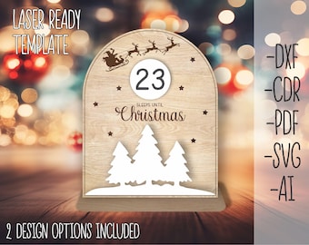 May include: A wooden Christmas countdown sign with a white background and a brown border. The sign features a Santa Claus in a sleigh with reindeer, a number 23, and the text "SLEEPS UNTIL Christmas".