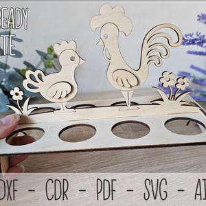 Easter Egg Holder SVG, 8 Egg Stand with Hen & Rooster, Laser Cut Egg Tray, DIY Easter Table Decor, Glowforge File, Rustic Egg Rack