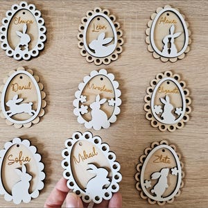 Osterei Tag SVG, Hase Ei Laser geschnitten Dateien, personalisierte Korb Tag, Osterhase Namensschild, ausgebogte Ei Verzierung, digitaler Download