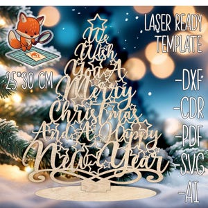 Puede incluir: Diseño de árbol de Navidad de madera cortado con láser con el texto "We wish you a Merry Christmas and a Happy New Year". El diseño mide 63,5 cm por 76,2 cm.