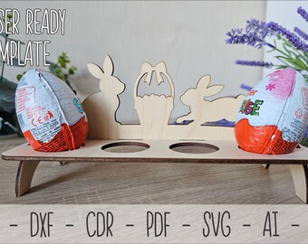 Easter Egg Holder SVG, 8 Egg Stand with Bunny & Basket, Laser Cut Egg Tray, DIY Easter Table Decor, Glowforge File, Holiday Egg Rack