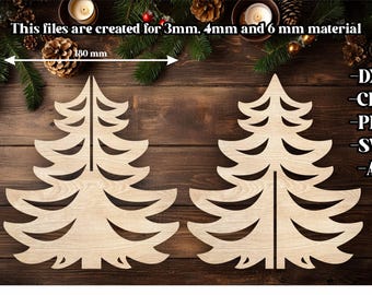 May include: Two wooden Christmas tree cutouts, each approximately 7 inches wide and 8 inches tall. The image includes text indicating the files are for 3mm, 4mm, and 6mm material, along with file format options: DXF, CDR, PDF, SVG, and AI.