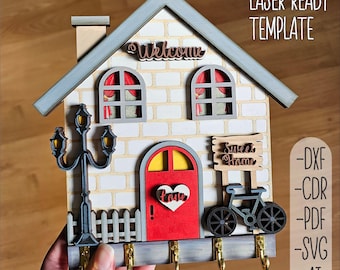 Custom Family Key Holders, Wall Keychain Laser Cut Key Holder File, Key Organizer Template, House with Lantern and Bicycle, Key Hanger