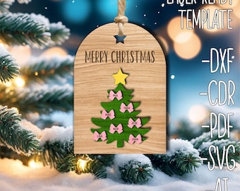 Adorno navideño personalizado, árbol cortado con láser con lazos con nombres personalizados, archivo digital para decoración navideña de bricolaje, perfecto para regalos familiares