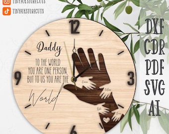 Personalized Father's Gift Hand Clock SVG, Family Hands Sign Laser Cut File, Gift for Dad, Father's Day Glowforge File, Custom Names