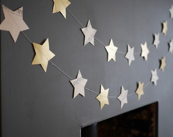 Handmade Gold Paper Star Garland | Vintage Music Sheet Christmas Decoration | 2m Festive Garland | Christmas Home Decor | Party Decor
