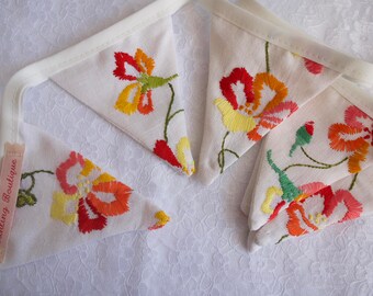 Easter Embroidered Vintage Linen Up cycled Bunting - 2m Long