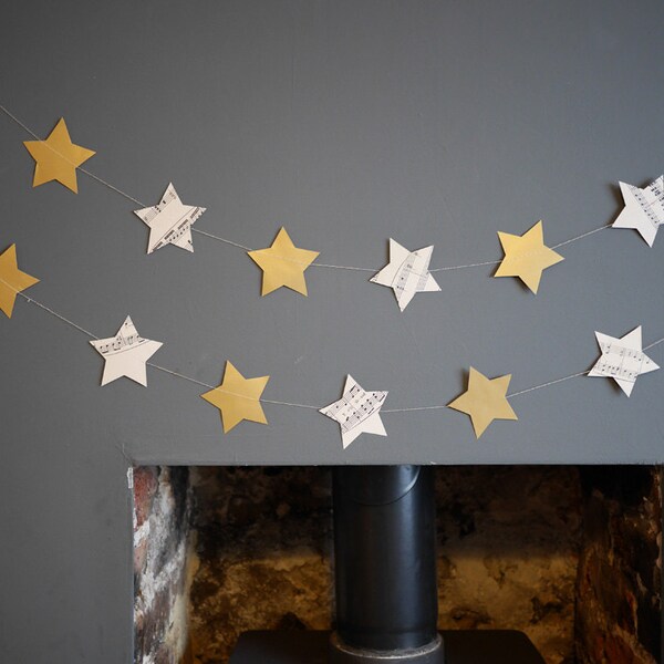 Paper Star Garland. Gold and Music Sheet Paper Star Garland.