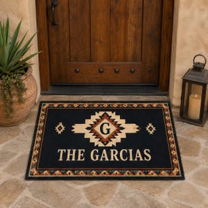 Personalized Southwest Doormat, Custom Family Name and Initial Welcome Mat, Black Western Geometric Front Door Rug, Rustic Porch Decor