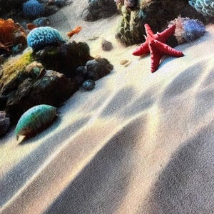May include: A fabric print featuring an underwater scene with a bright red starfish resting on light-colored sandy ocean floor. The composition includes dark rocks, vibrant blue and pink coral formations, and light patterns cast by water.