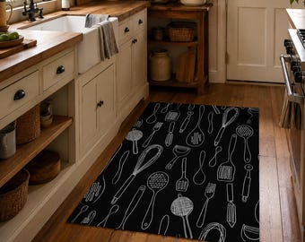 Alfombra de cocina negra con estampado de utensilios, alfombra moderna para el suelo de la cocina, antideslizante y lavable, decoración minimalista para la cocina.