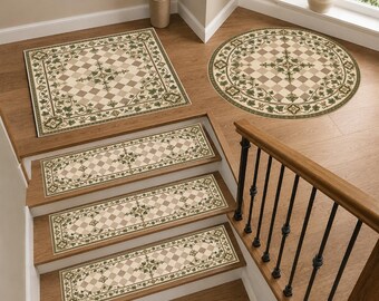 Botanical Stair Treads, Sage Green Checkerboard Stair Mats, Round & Square Landing Rug, French Country Floral Staircase Decor