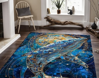 Alfombra con diseño de ballena: Vida marina, revestimiento de suelo duradero.