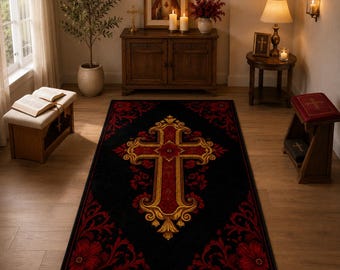 Alfombra de oración gótica roja y dorada con cruz, reclinatorio católico, alfombra negra, decoración floral ornamentada para altar doméstico, espacio sagrado, regalo cristiano vintage