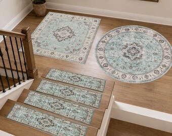 Light Blue Vintage Area Rug, Distressed Medallion Round Mat, Matching Stair Treads Set, Floral Staircase Decor, Shabby Chic Floor Carpet
