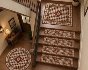Non Slip Stair Treads, Rustic Step Mats, Geometric Staircase Decor, Non-Slip Wooden Step Cover, Round Landing Rug, Cabin Carpet Set