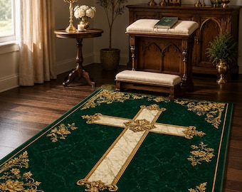 Alfombra de oración cristiana / Alfombra de arrodillarse con cruz verde esmeralda para altar doméstico / Decoración de oración católica / Regalo religioso para la habitación espiritual