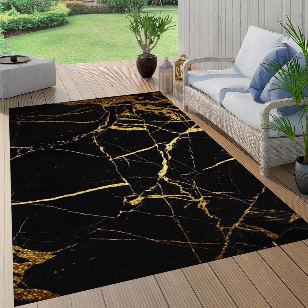 Black and Gold Marble Pattern Rug: Geometric Minimalist Decor - Etsy