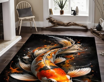 Alfombra con diseño de peces koi: decoración marina para la cocina o el salón.