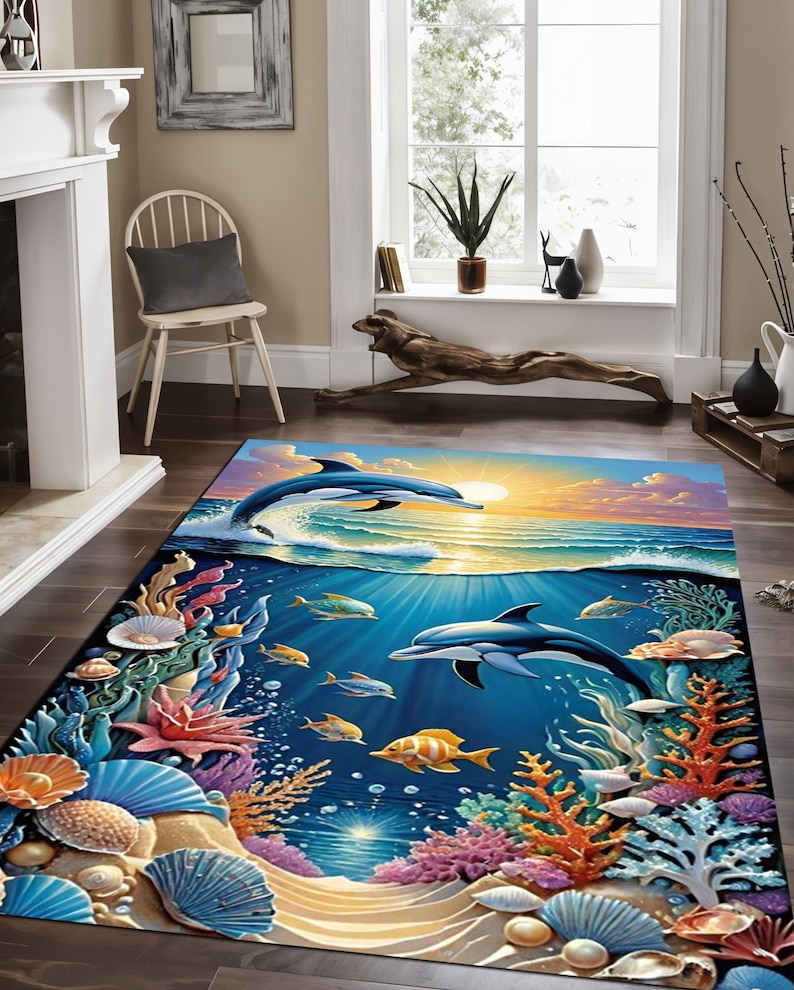 Ocean Dolphin Area Rug: Sea Life, Durable Floor Decor - Etsy