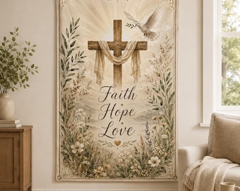 Tapiz con cruz, fe, esperanza y amor, regalo cristiano para inauguración de casa, decoración de pared vintage con paloma, regalo de bautismo para ella, adorno religioso para la habitación.