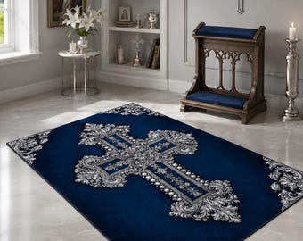 Alfombra de oración cristiana plateada y azul, reclinatorio católico, cruz de filigrana ornamentada, decoración para altar doméstico, espacio sagrado, regalo espiritual