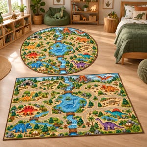 May include: A round rug and a rectangular rug featuring a colorful prehistoric landscape with various dinosaurs, winding roads, a central blue river, green trees, and a volcano. The designs include a blue long-necked dinosaur, a red spiky dinosaur, and a purple dinosaur on a tan background with brown borders.